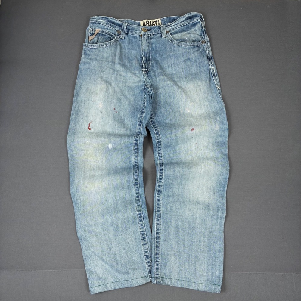 Ariat Paint Splattered Light Wash Straight Leg Distressed Jeans Men's Size 33x29